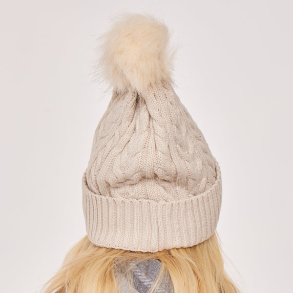 Adult Cable Knitted Pom Pom Hat With Faux Fur Lining