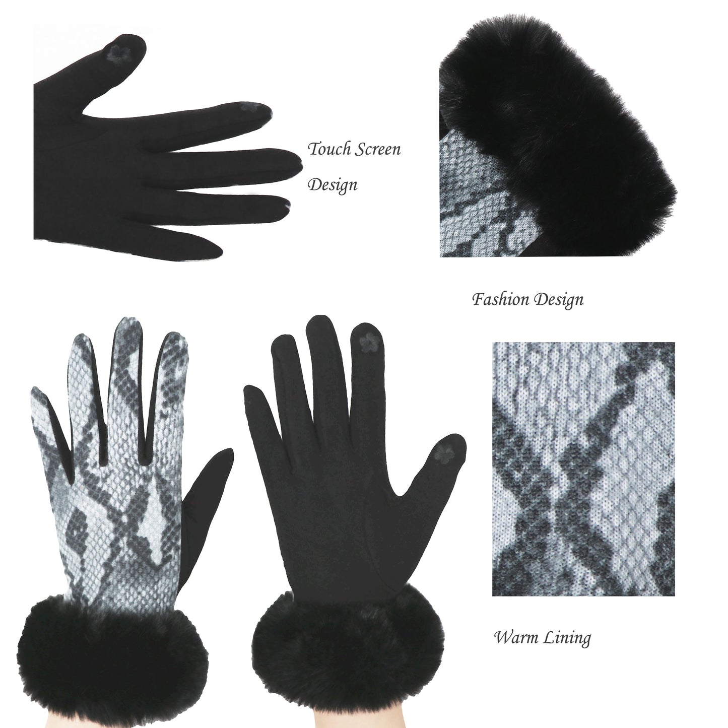 Luxury Faux-Fur Snakeskin Gloves, Touchscreen compatible, One Size