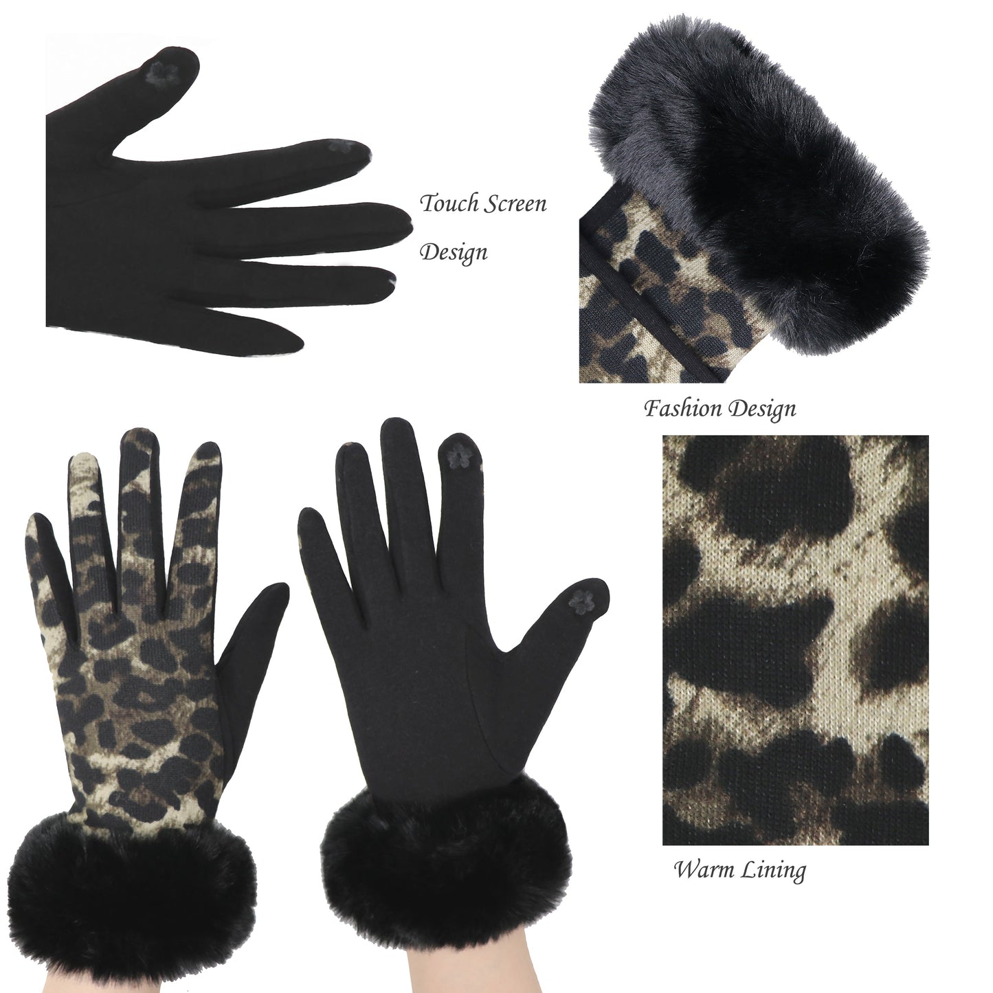 Gants de luxe Panther en fausse fourrure, compatibles avec écran tactile, taille unique