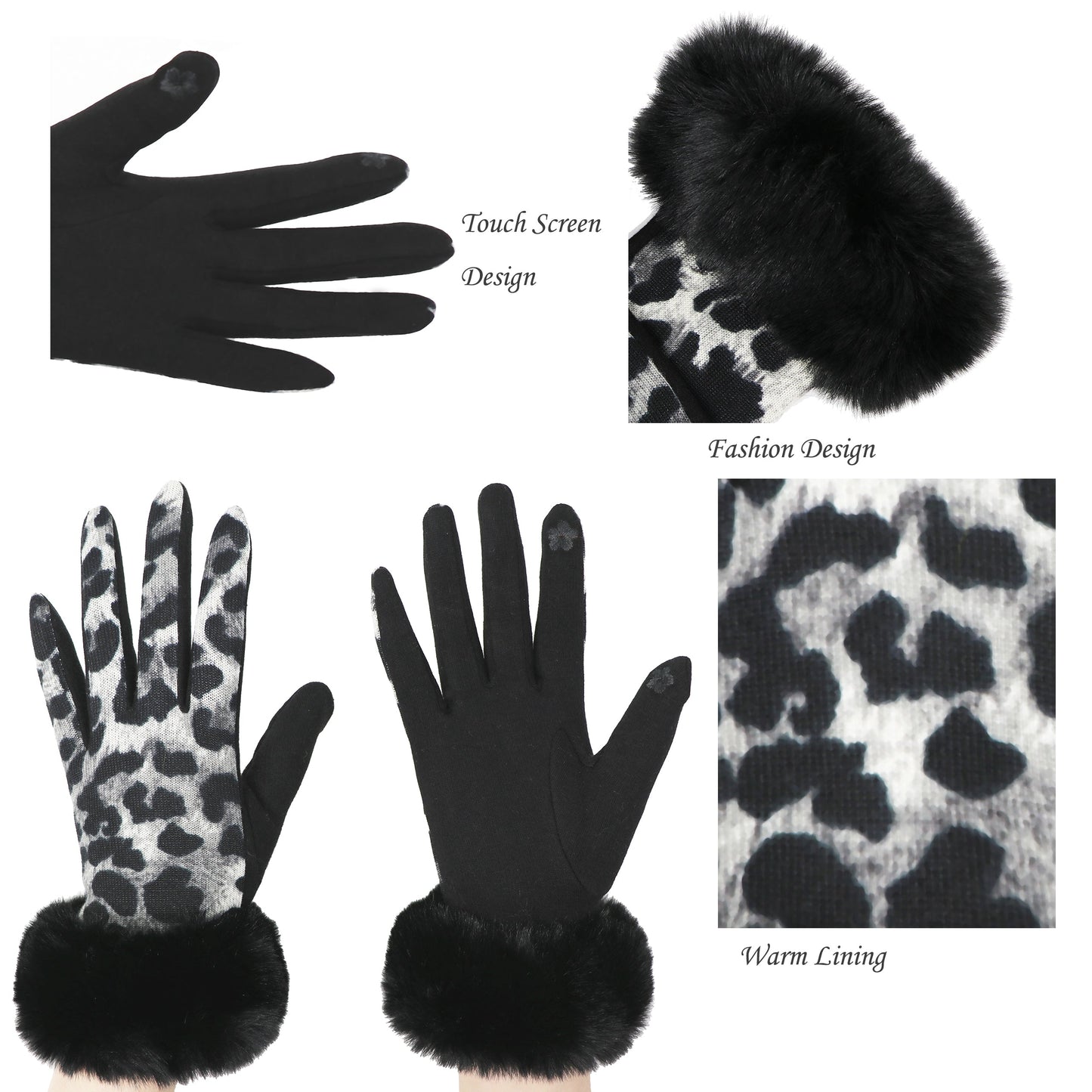 Luxury Faux-Fur Panther Gloves, Touchscreen compatible, One Size